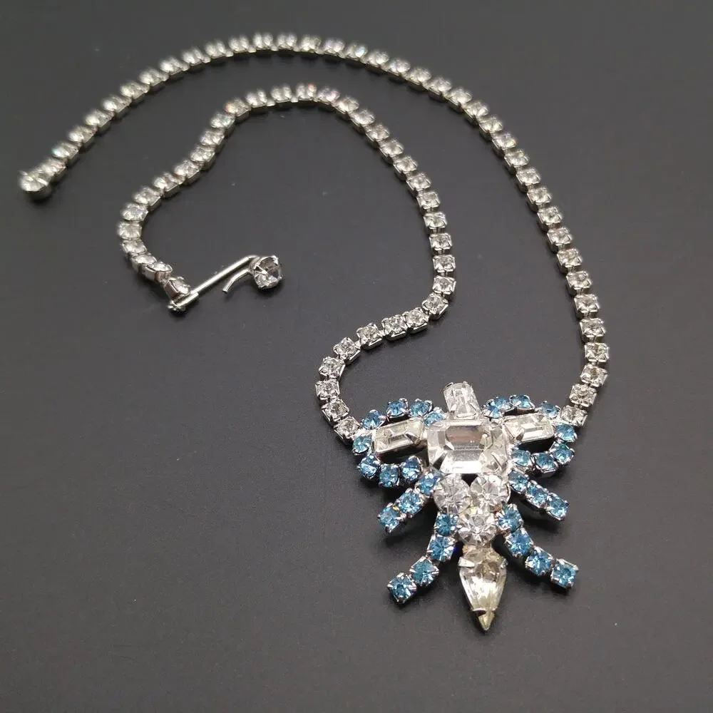 Mid-Century Turquoise Blue Clear Rhinestone Choker Necklace, Rhodium Plated